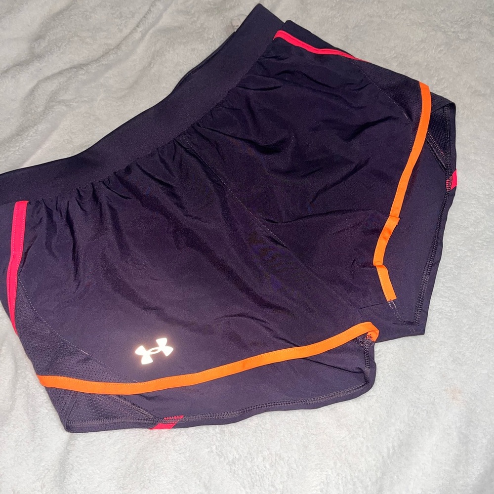 Under Armour Women's Purple Running Shorts with Neon Orange and Pink Accents - Picture 12 of 12